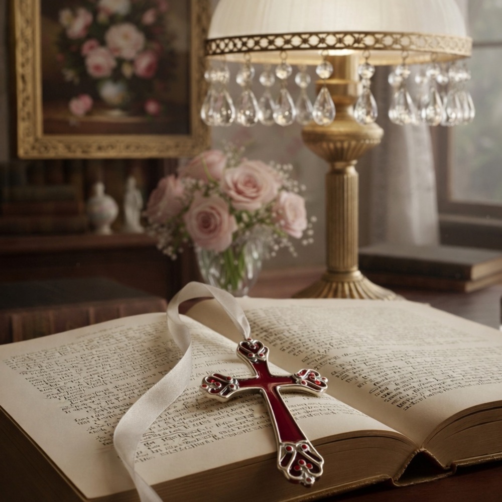Vintage Stained Glass Cross Ornate Silver Ruby Red Glass Crucifix Ornament
